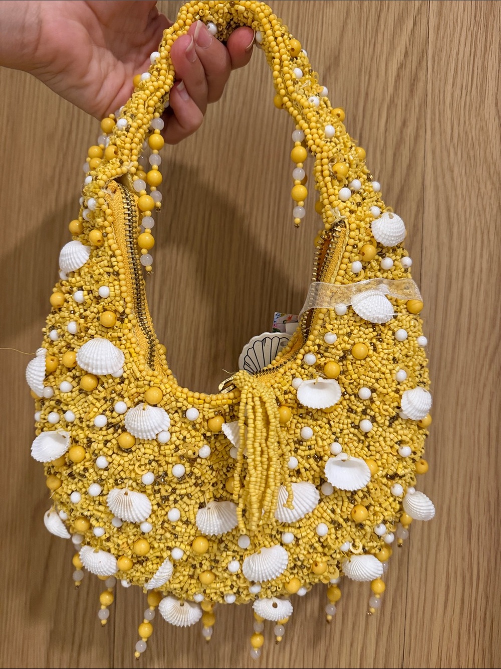 Viral Yellow Beaded Shell-Embellished Shoulder Bag